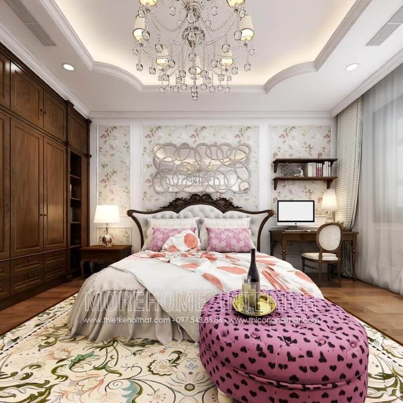 Giường ngủ gỗ óc chó có thiết kế đầu giường độc đáo, mang lại sự ấn tượng mạnh mẽ cho không gian phòng ngủ.