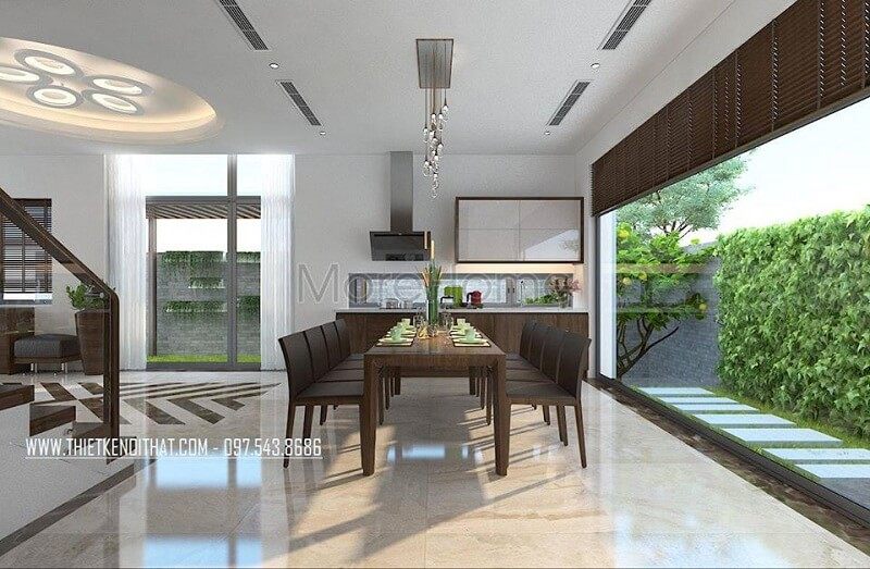 Thiết kế nội thất biệt thự cao cấp với bộ bàn ăn gỗ tự nhiên mang đến không gian phòng ăn lí tưởng độc đáo