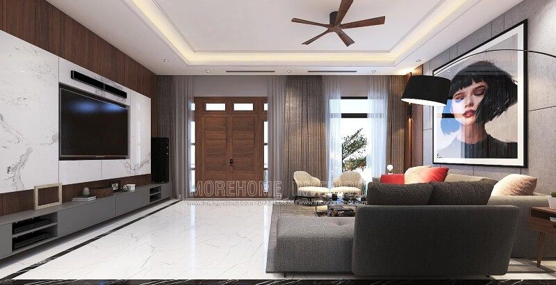 Hãy sắp xếp nội thất phòng khách hiện đại, đẹp, sang trọng bằng cách bắt đầu từ đá ốp tường vân mây, sau đó là tranh treo tường nghệ thuật và cuối cùng là sofa hiện đại cao cấp.